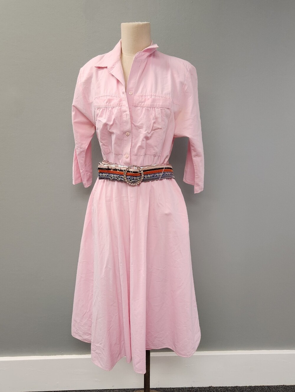Vintage Stuart Alan Petites Pink Cotton Midi Shirt Dress Elastic Waist - Picture 5 of 10